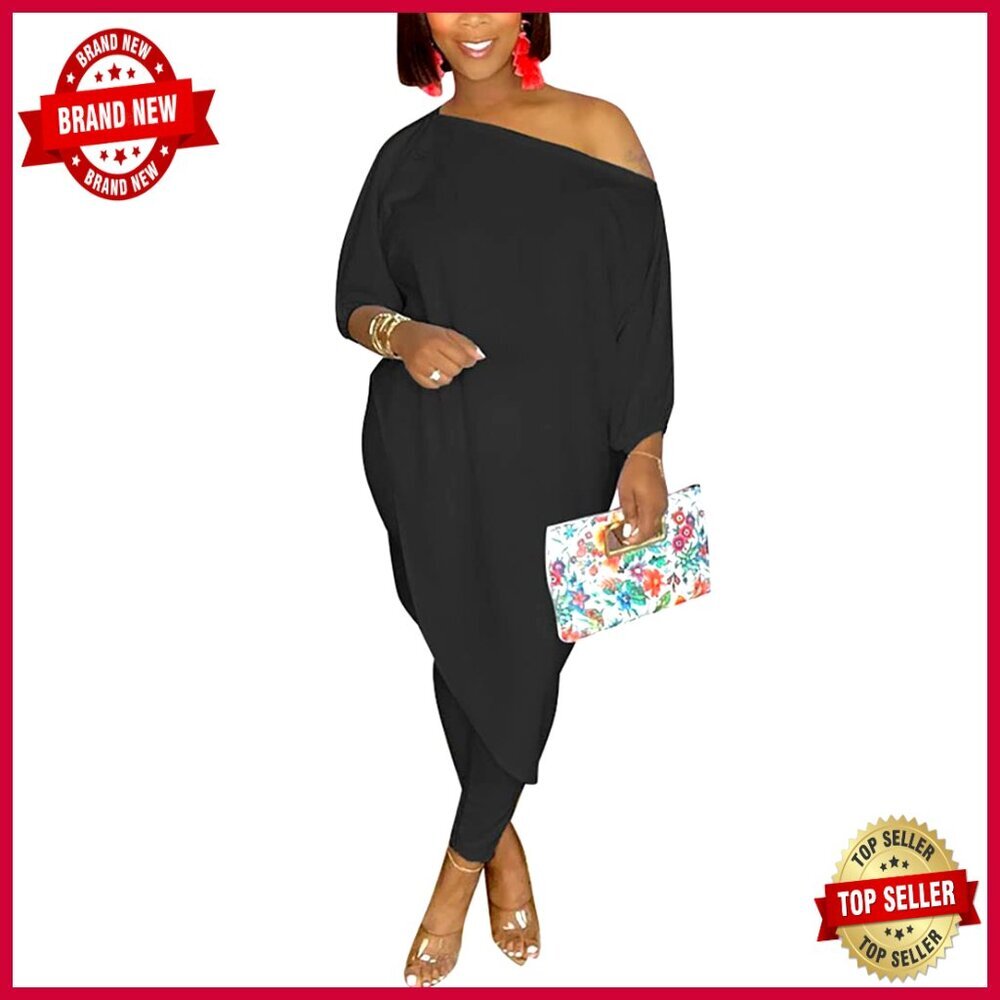 Off Shoulder Asymmetric Top High Waist Pants 2 Piece Loungewear Set Y2k Chic